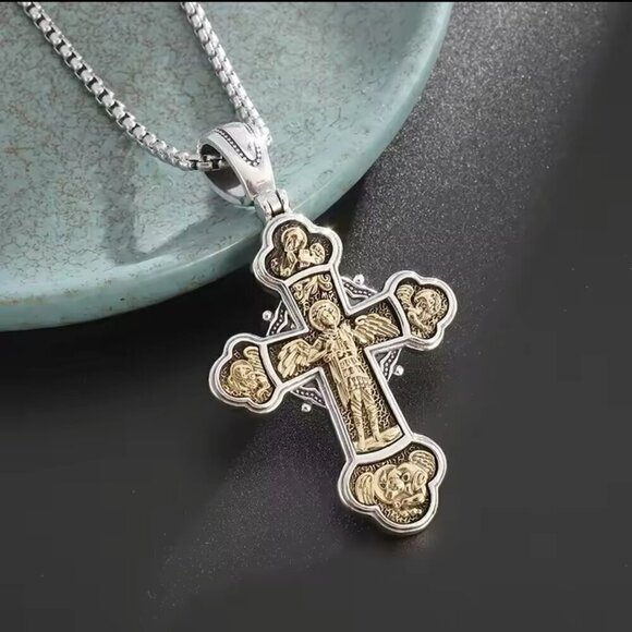 TwoTone Catholic Cross Heavy Pendant and Necklace #1434 - Picture 1 of 8